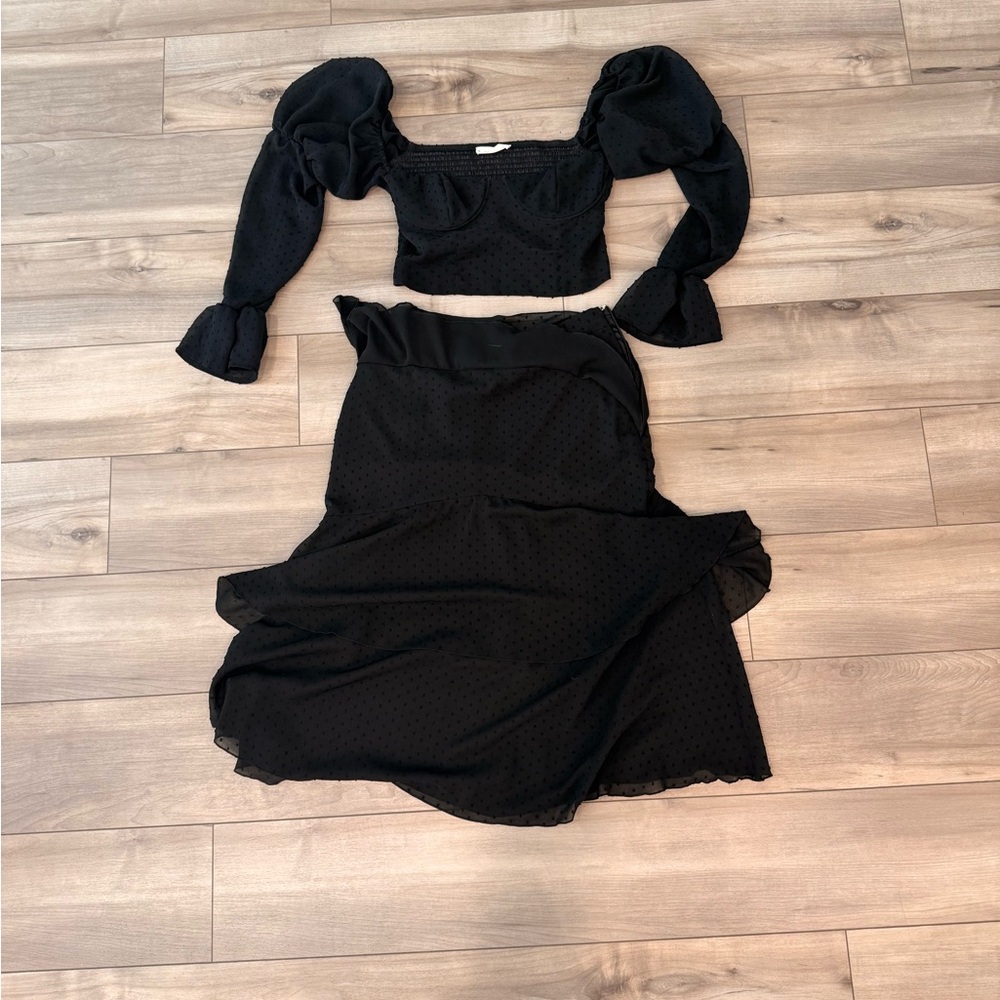 Chic Black Skirt Set with Puff Sleeve Top